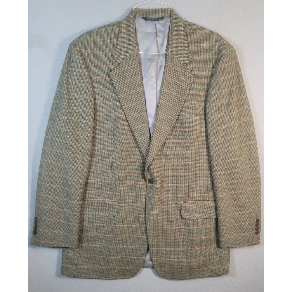Vtg Lands End Blazer Mens 42L Windowpane Plaid Lambswool Made In USA